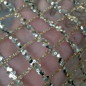 Diamond checkered Bubble beads Bead tube embroidery Embroidery fabric Dress Embroidered lace fabric 3D embroidery Mesh gold + large sequins Good fastness Not easy to fall off Environmentally friendly