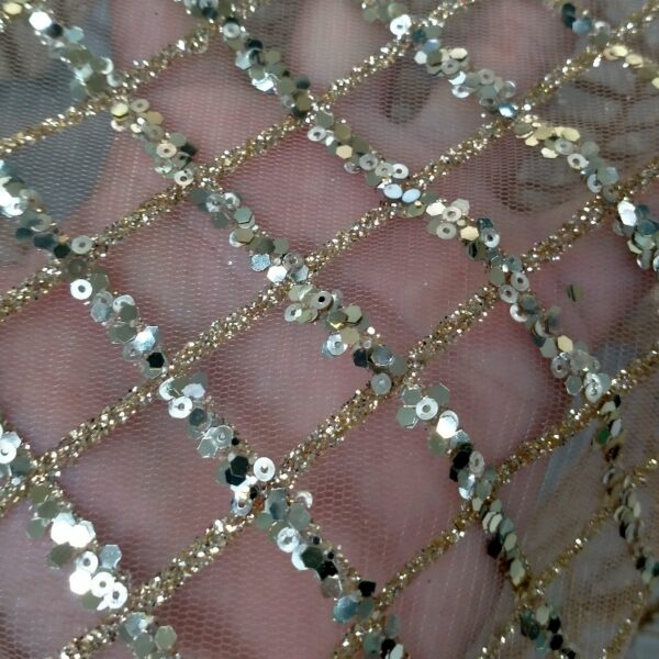 Diamond checkered Bubble beads Bead tube embroidery Embroidery fabric Dress Embroidered lace fabric 3D embroidery Mesh gold + large sequins Good fastness Not easy to fall off Environmentally friendly