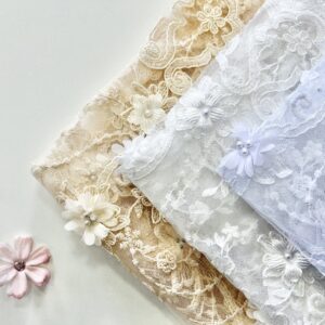 White 3D flowers Wedding dress fabrics Formal dresses Lace fabrics Double sided lace Threedimensional roses Beaded fabrics Skirt accessories