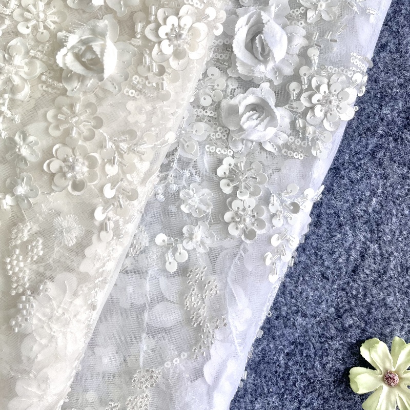 3D Flower + Sequin + Shiny pearl tulle embroidery Lace Clothing Wedding dress fabric Laser flower Water-soluble lace Children's clothing fabric