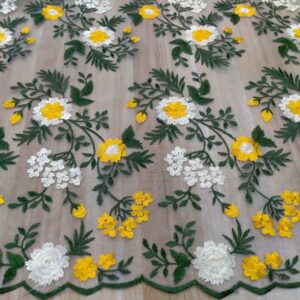 2D multicolored daffodil and monochrome leaf embroidered tulle