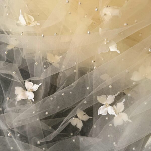 3D Butterfly Tulle Fabric Wholesale | Embroidered Mesh with Pearls