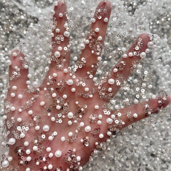 Pearl & Sequin Embroidery Fabric | Luxury 3D Beaded Mesh for Bridal